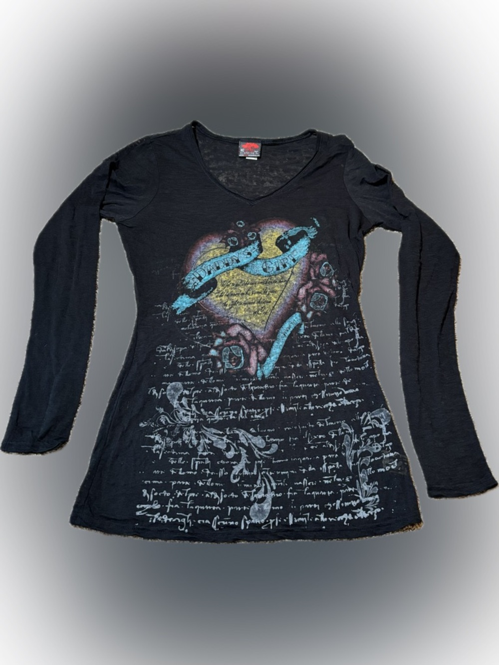 E93 Get The Word Out V-Neck Graphic Tee w/ Heart & Script, Daddy’s Girl, Size XL